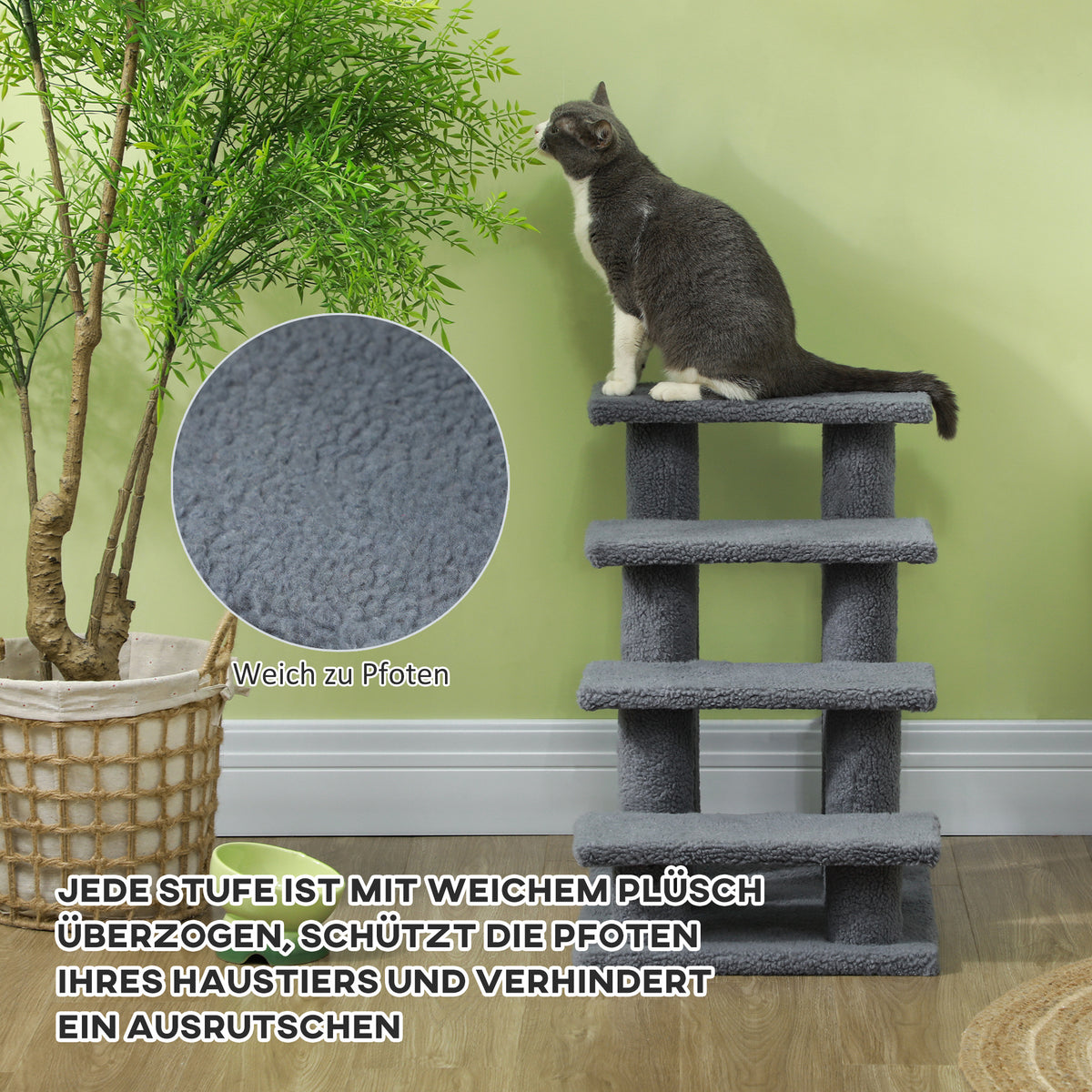 PawHut Tiertreppe Katzentreppe Hundetreppe Treppe für Katze und Hunde 4 Stufen Grau 63,5x43x60cm