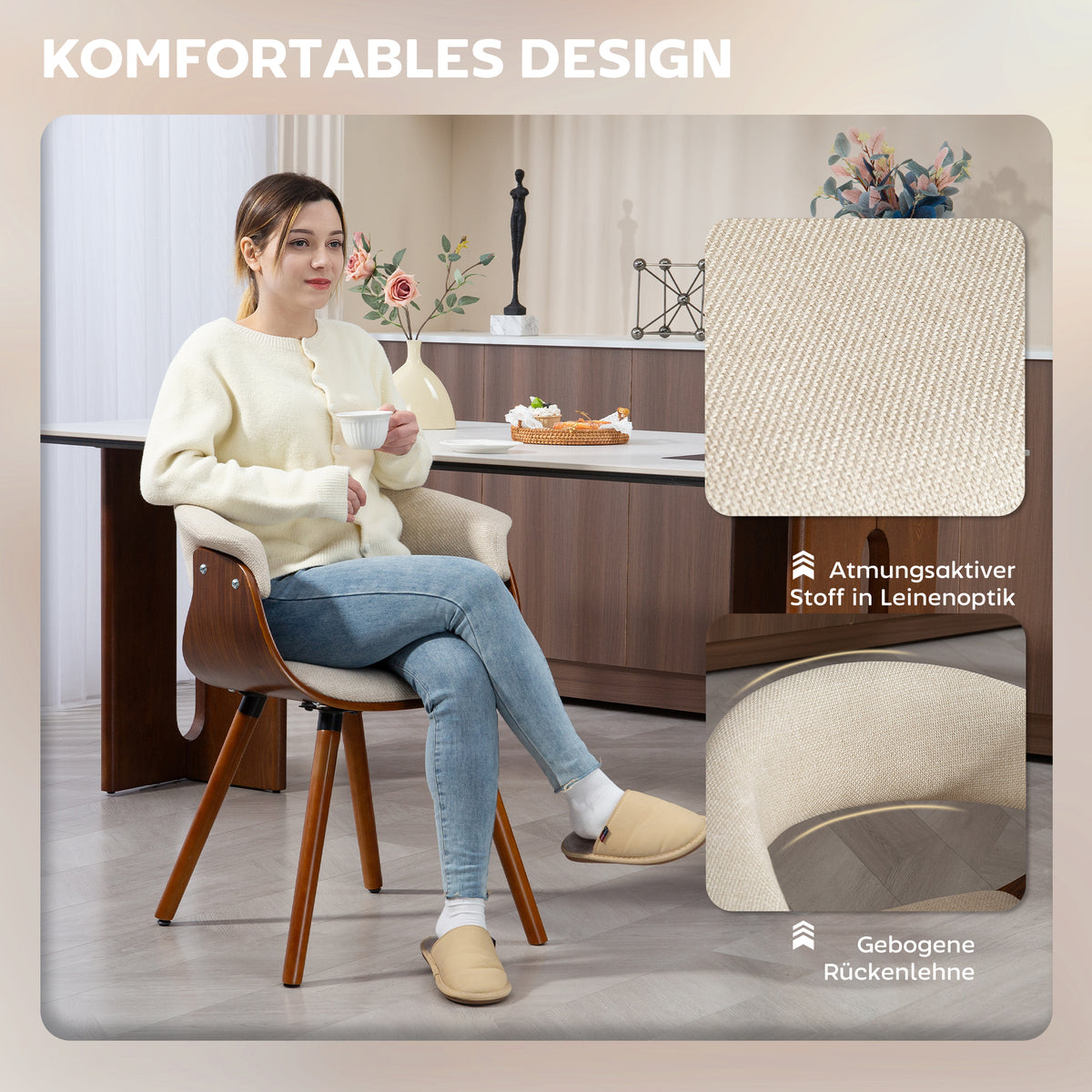 HOMCOM Esszimmerstuhl, Stoff in Leinenoptik, gebogene Rückenlehne, Holzbeine, Beige