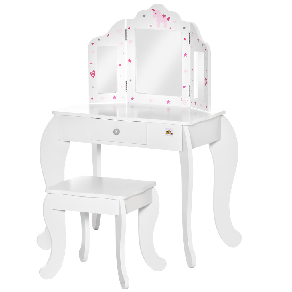 HOMCOM Kinderschminktisch mit Hocker Frisiertisch Frisierkommode mit Schublade Spiegel für Mädchen Akryl Rosa+Weiß 63 x 40 x 85,5 cm