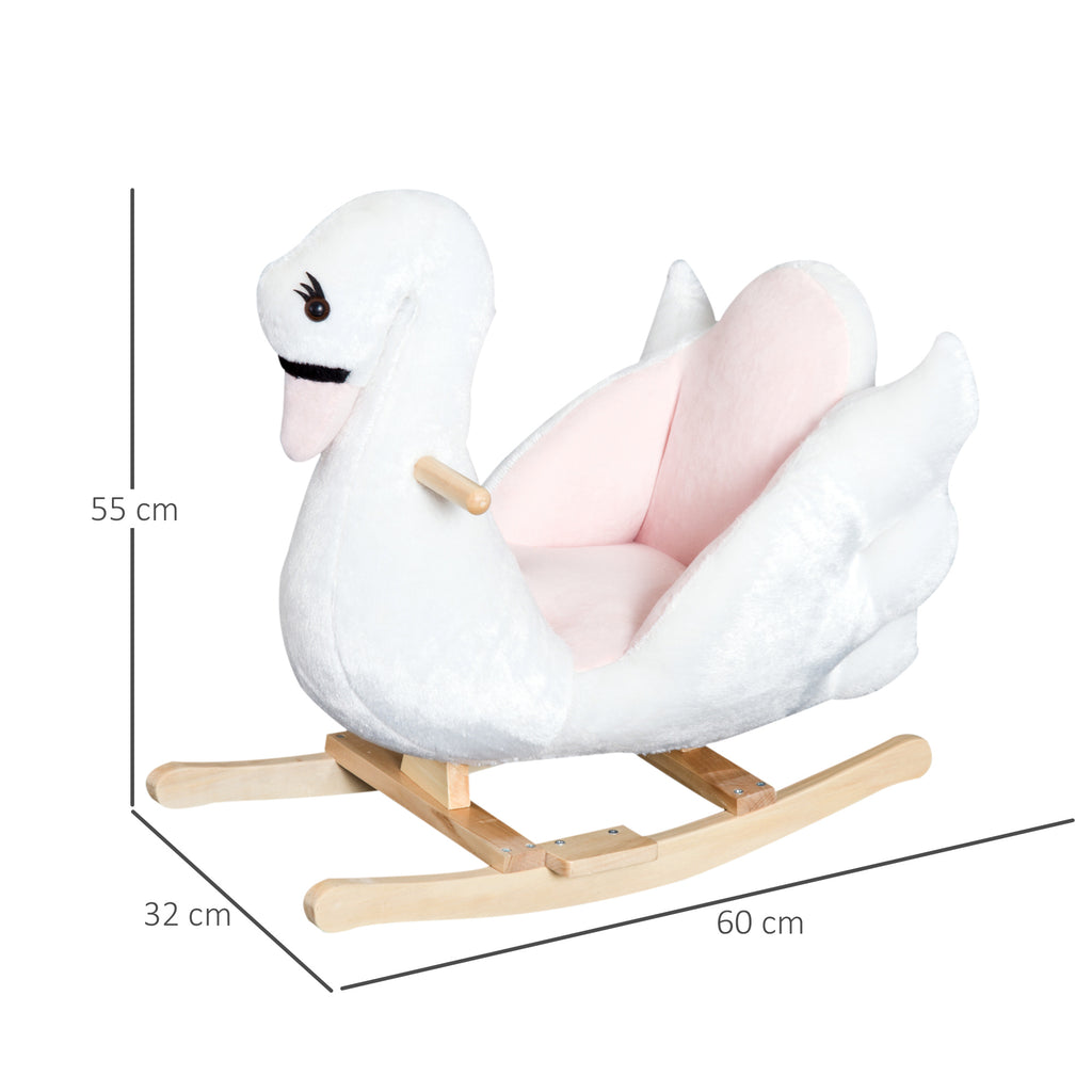 HOMCOM Schaukeltier Schaukelpferd mit Sicherheitsgurt Musik, 55 cm Baby Schaukel aus weichem Plüsch Schaukelspielzeug Spielzeug Wippe für Baby Kinder Kleinkinder ab 18 Monate Holz