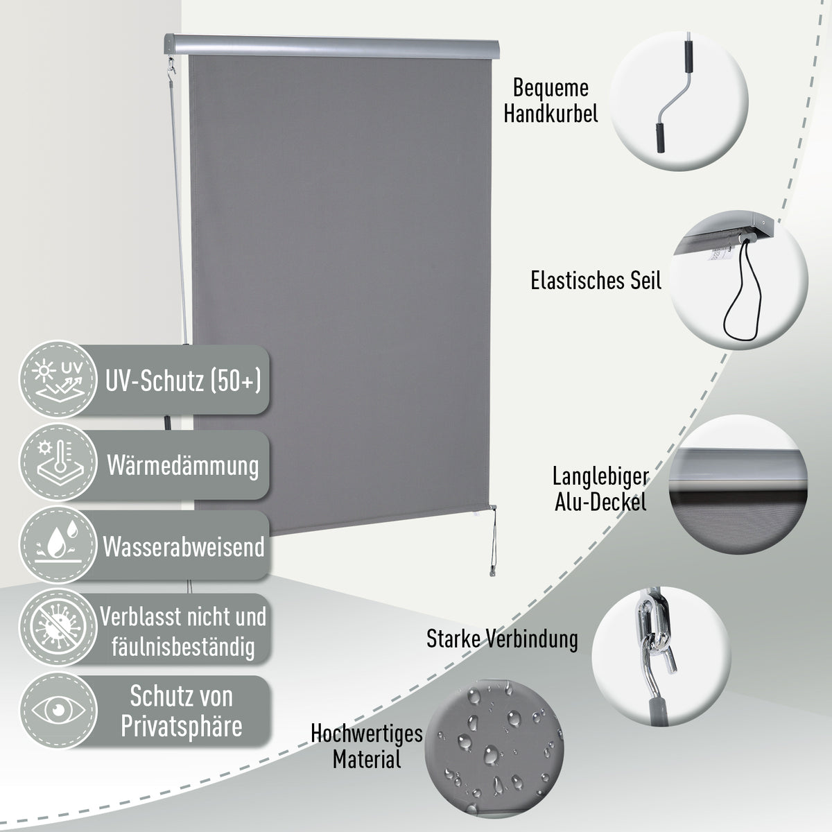 Outsunny Senkrechtmarkise Balkonmarkise Vertikalmarkise Windschutz Seitenrollo Sichtschutz mit Handkurbel Polyesterstoff+Aluminium Grau 200 x 140 cm