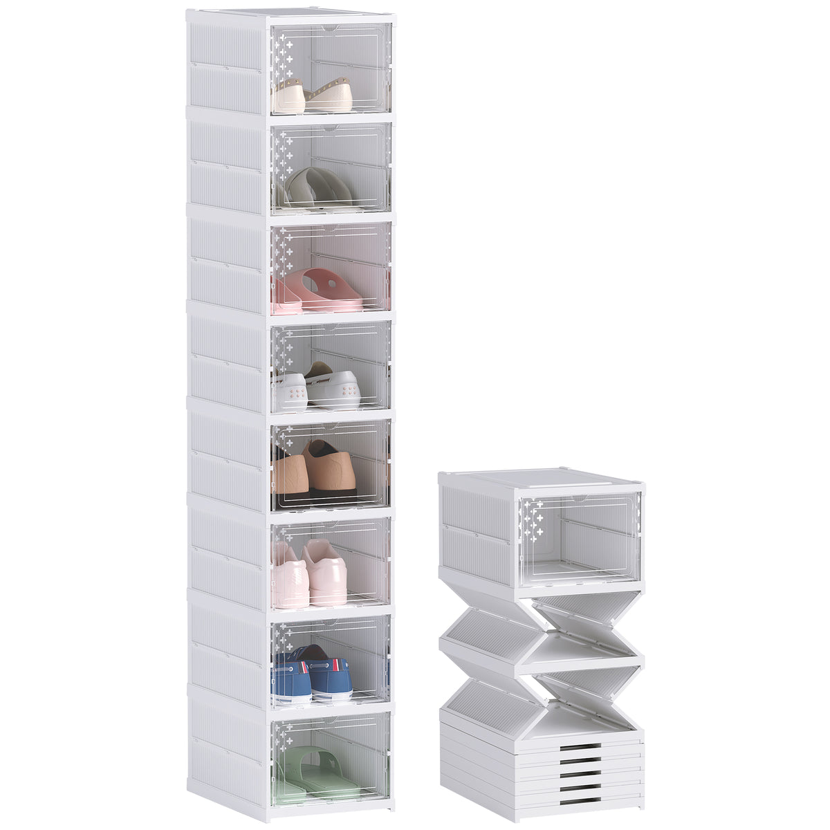 HOMCOM 8-stufiges Schuhregal, Schuhschrank, faltbar, belüftete Rückseite, Kunststoff, Weiß