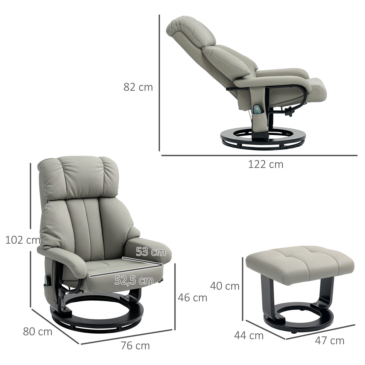 HOMCOM Relaxsessel Massagefunktion Fernsehsessel mit Seitentasche, Kunstleder, Grau