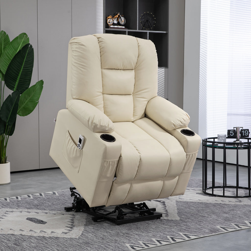 HOMCOM Massagesessel Aufstehhilfe Seniorensessel, inkl. Fernbedienung, 4 Massagemodi, 90  cm x 98 cm x 102 cm, Creme