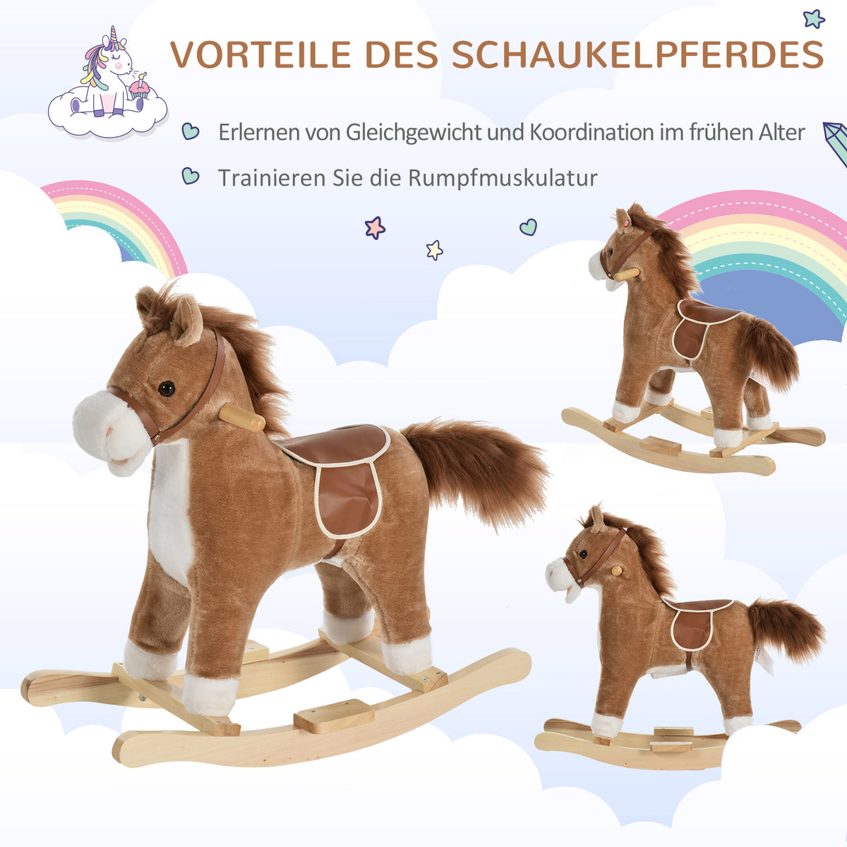 HOMCOM Kinder Schaukelpferd Baby Schaukeltier Pferd mit Tiergeräusche Spielzeug Haltegriffe für 36-72 Monate Plüsch Braun 65 x 32,5 x 61 cm