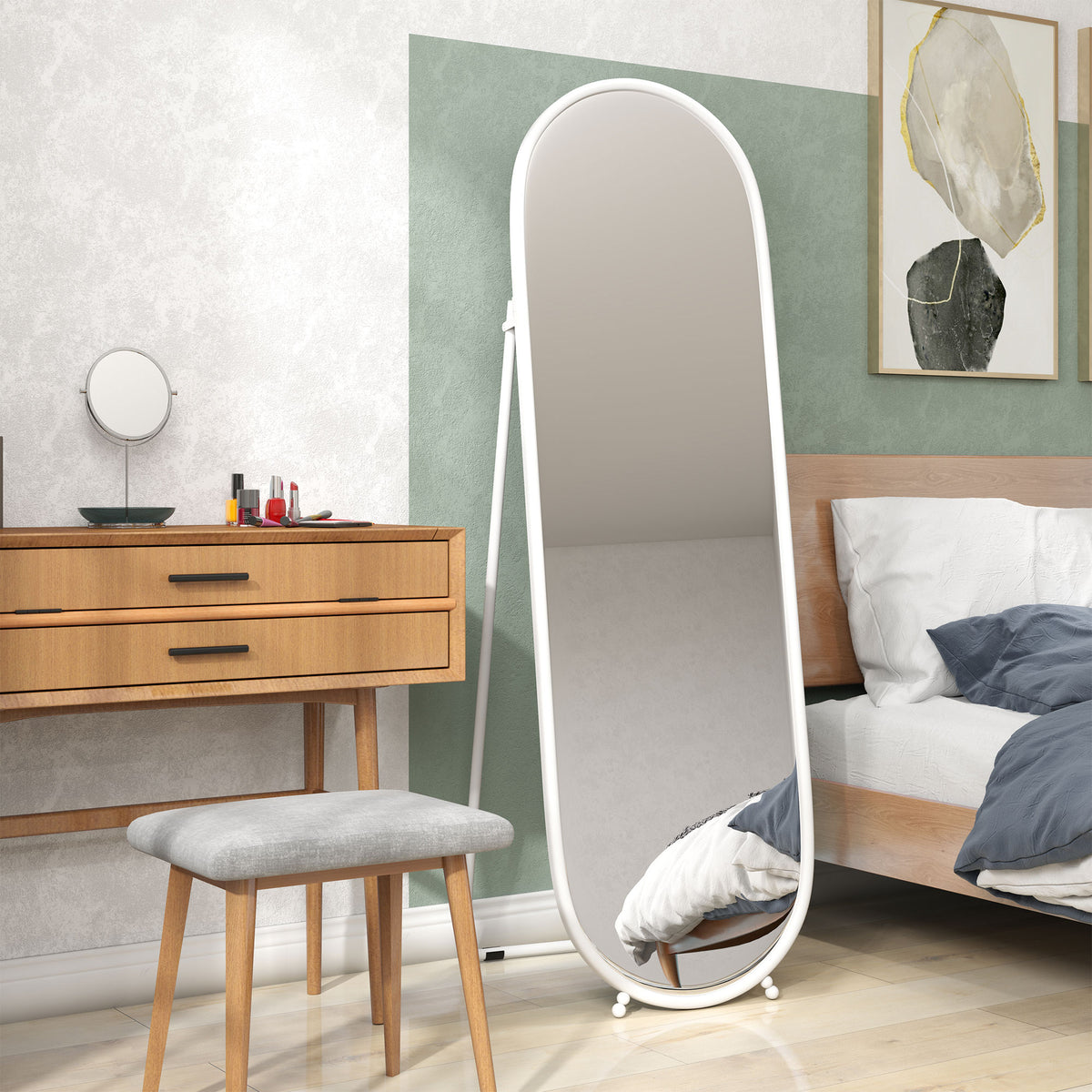 HOMCOM Ganzkörperspiegel, ovale Form, freistehend, Metallrahmen, 40x160cm, Farbe: Weiß