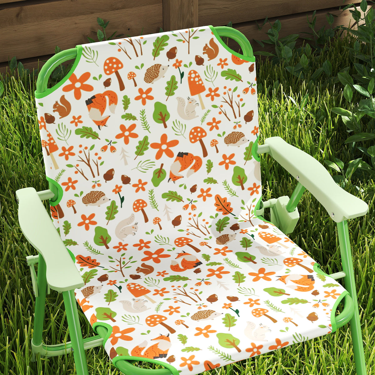 AIYAPLAY Kinder-Gartenmöbel-Set im Freien 4-teilig, Elefanten- und Giraffenmotiv, verstellbarer Ø 100 cm Sonnenschirm, klappbarer Stuhl