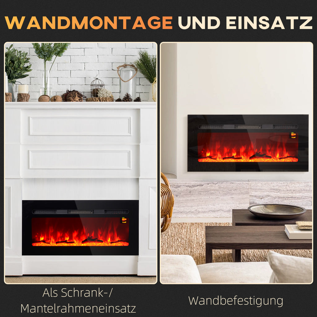 HOMCOM Elektrischer Kamin mit Wandhalterung und Fernbedienung, künstliche Holzscheite und Kristalle, 1800W Leistung, Schwarz