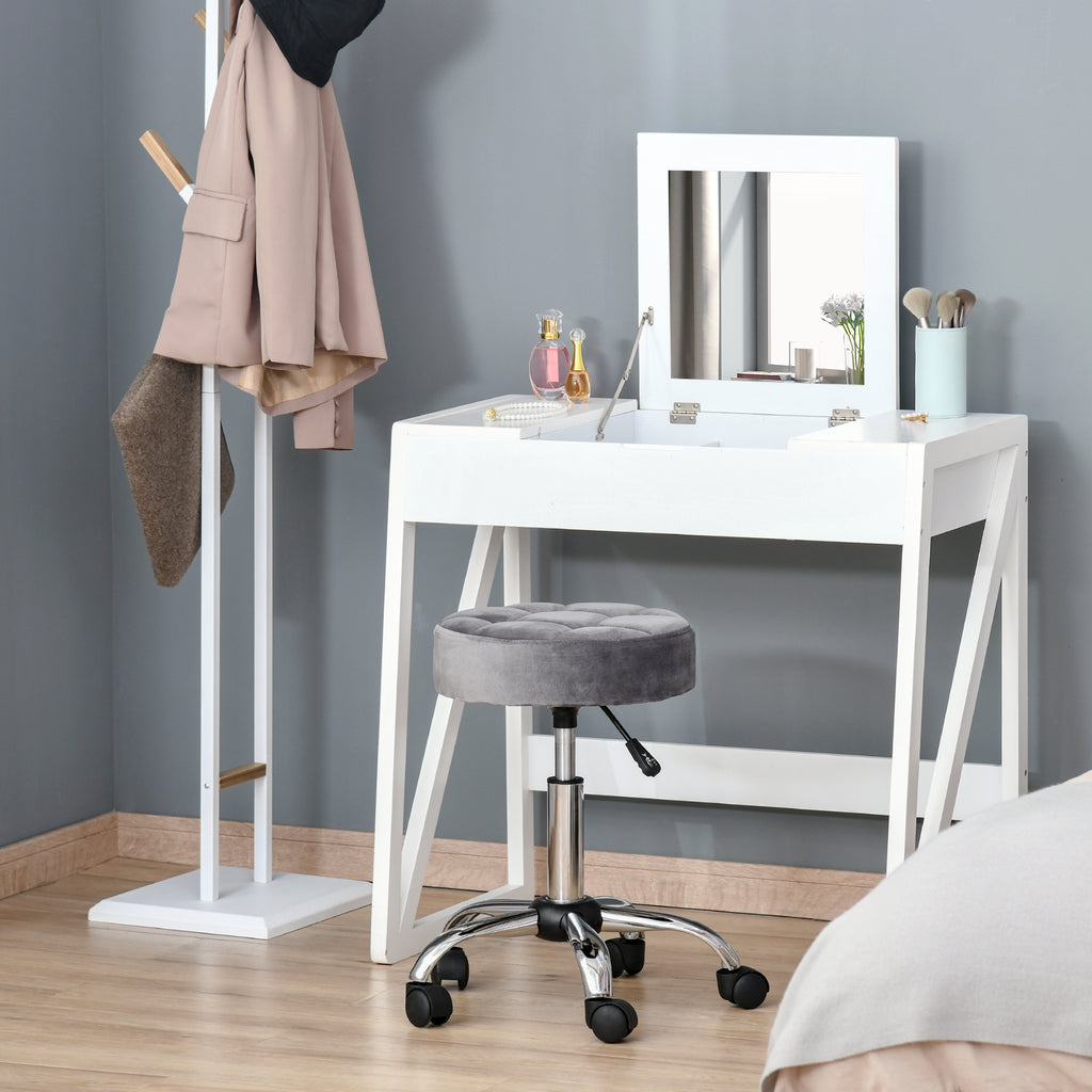 HOMCOM Salonstuhl mit Rädern Rollhocker höhenverstellbar drehbar Salon Hocker Samt-Touch Schaumstoff Chrom-Basis Hellgrau 35 x 35 x 49-61 cm