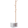 HOMCOM Garderobenständer Kleiderhaken Garderobe mit Sitzbank Stauraum Baum-Design Zweige 6 Haken Bambus Weiß Natur 40 x 30 x 180 cm