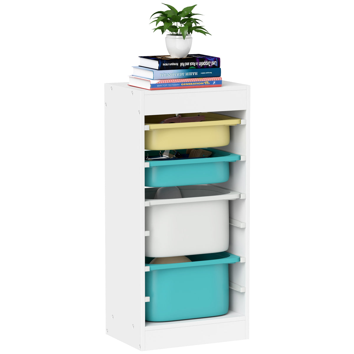 AIYAPLAY Kindermöbel-Aufbewahrungsschrank, Spielzeugaufbewahrung für Kinder, mit 4 Aufbewahrungsboxen, 40,8L x 30B x 90,3H cm, weiß