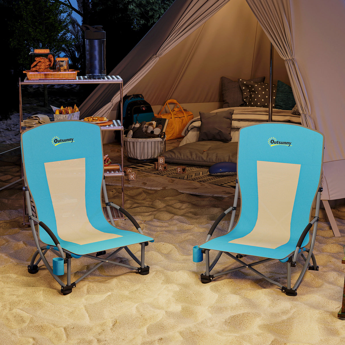 Outsunny 2er Set Campingstühle klappbar Campingstuhl mit Getränkehalter Netzrückenlehne bis 120 kg Blau