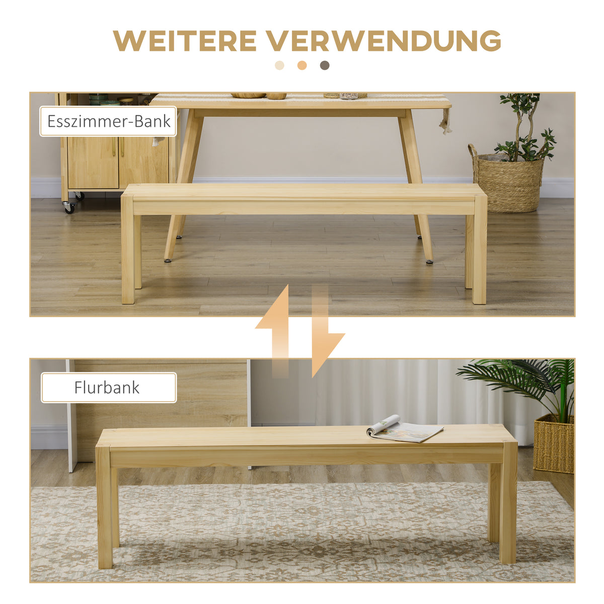 HOMCOM Sitzbank aus Massivholz, 3-Sitzer, Bank, Küchenbank, Kiefernholz, Natur