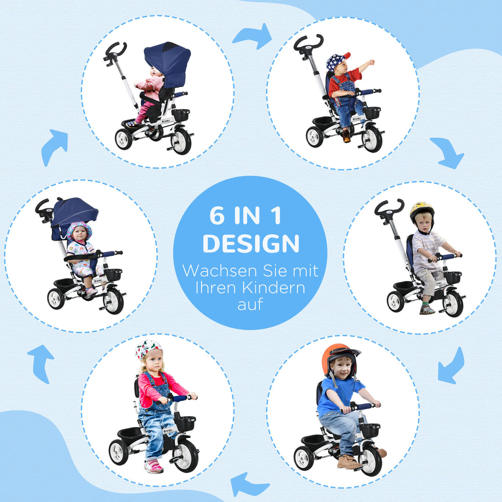 HOMCOM 6-in-1 Kinderdreirad mit Schiebestange, Dach, Gurt, Ablagekorb, 18+ Monate, Dunkelblau