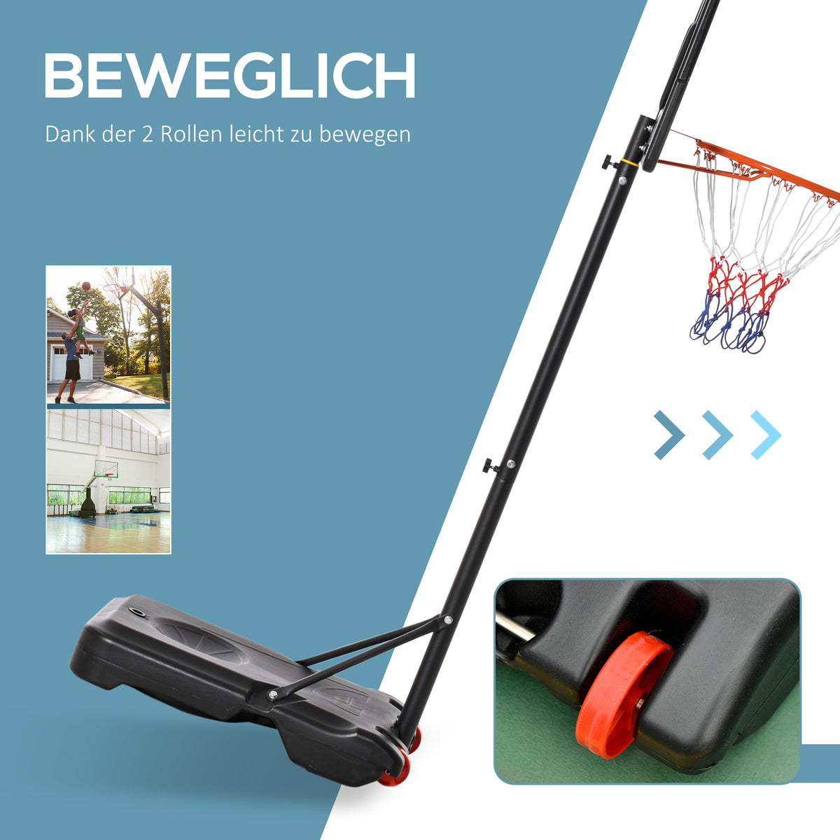 HOMCOM Rollbarer Basketballständer, Verstellbarer Basketballkorb, freistehend, Kunststoff, Stahl, 75L x 83B x 205-261H cm