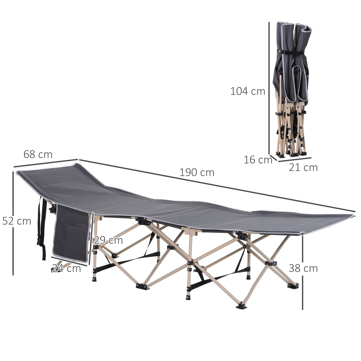 Outsunny Feldbett, Campingbett, klappbar, wetterbeständig, ink. Tragetasche, 190 x 68 x 52 cm, Grau