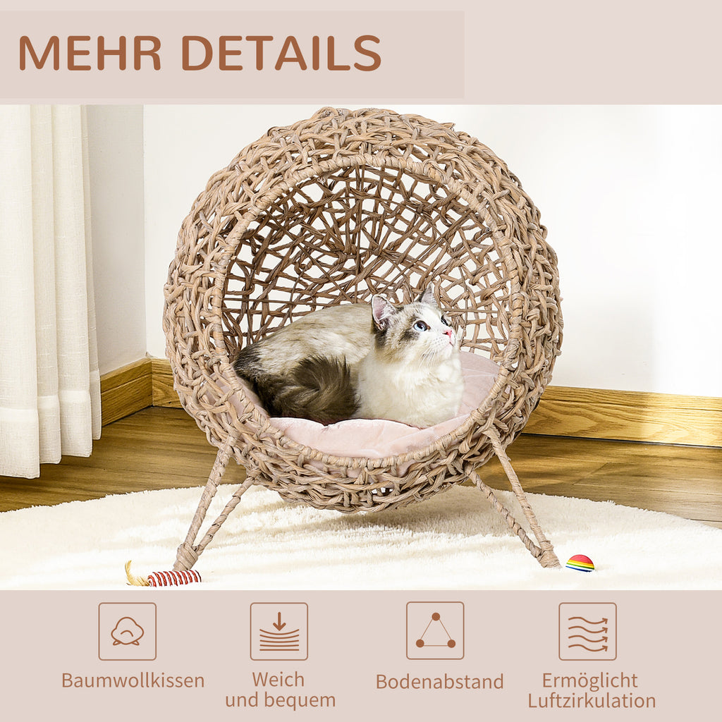PawHut Katzenhaus aus Rattan mit Kissen Katzenschlafplatz Katzenhöhle mit erhöhten Füßen Natur Ø52 x 58 cm