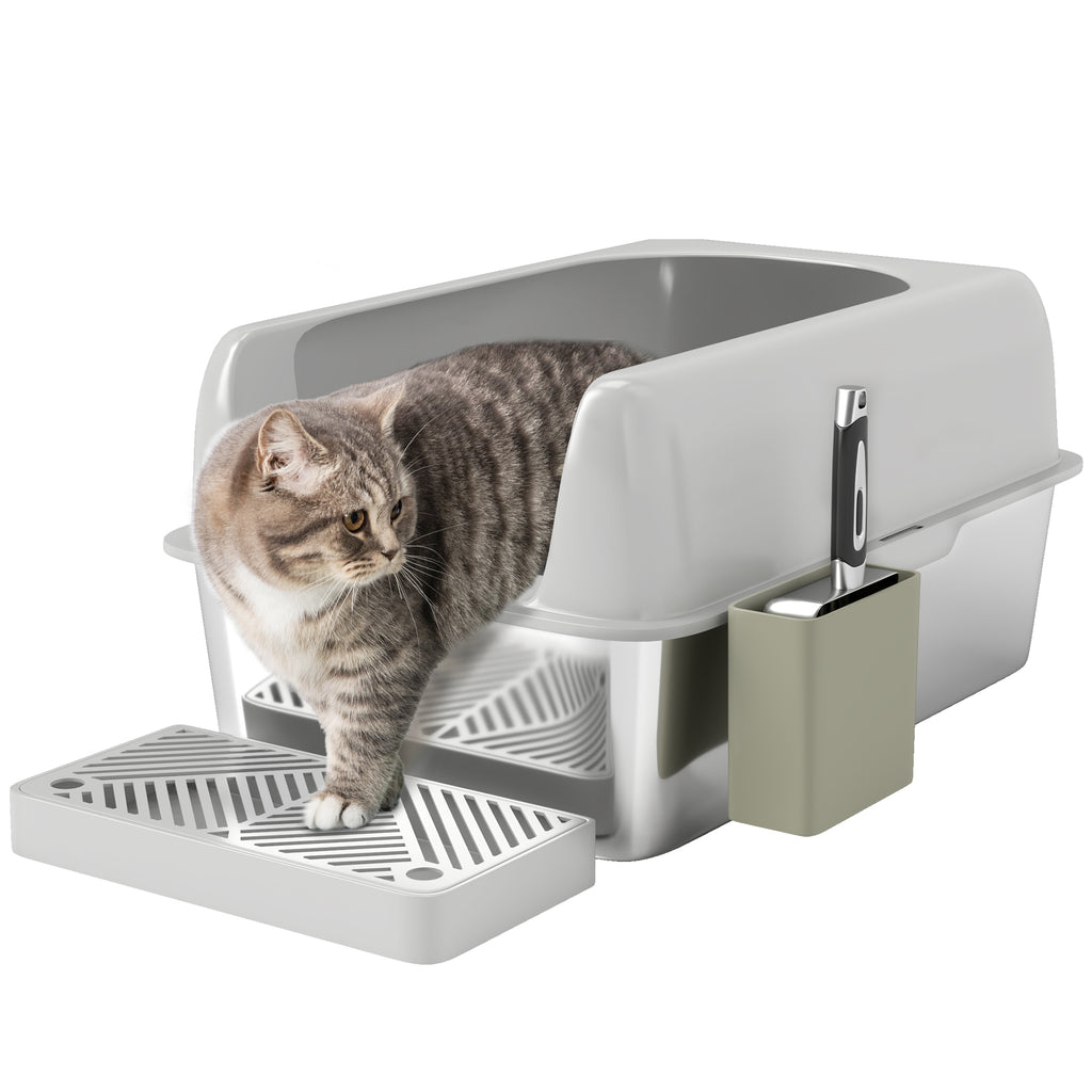 PawHut Katzentoilette, Katzenklo, Edelstahl, hohe Wände, Aufbewahrungsbox, Hellgrau