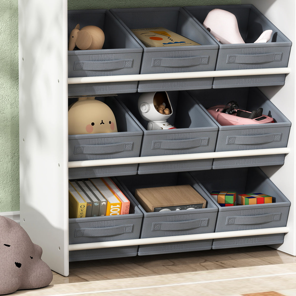 AIYAPLAY Kinder-Aufbewahrungsregal, Spielzeugschrank für Kinder mit 11 Stoffboxen, oberen Fächern, 3 Stickern, Weiß