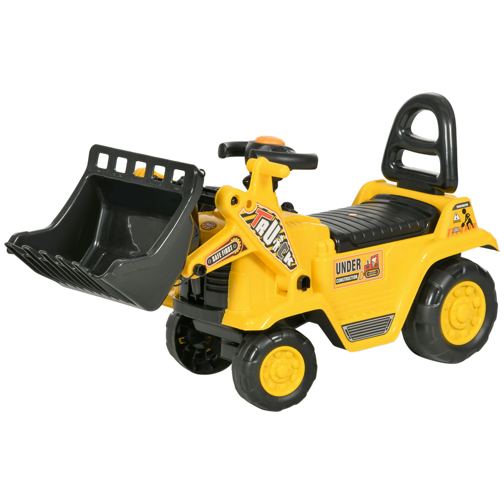 HOMCOM Sitzbagger mit eingebautem Ablagefach Kinder Rutschauto Traktor Kinderbagger mit Hupe Rutscher Bagger Rutscherfahrzeug Laufrad Gelb+Schwarz 80 x 26,5 x 39 cm
