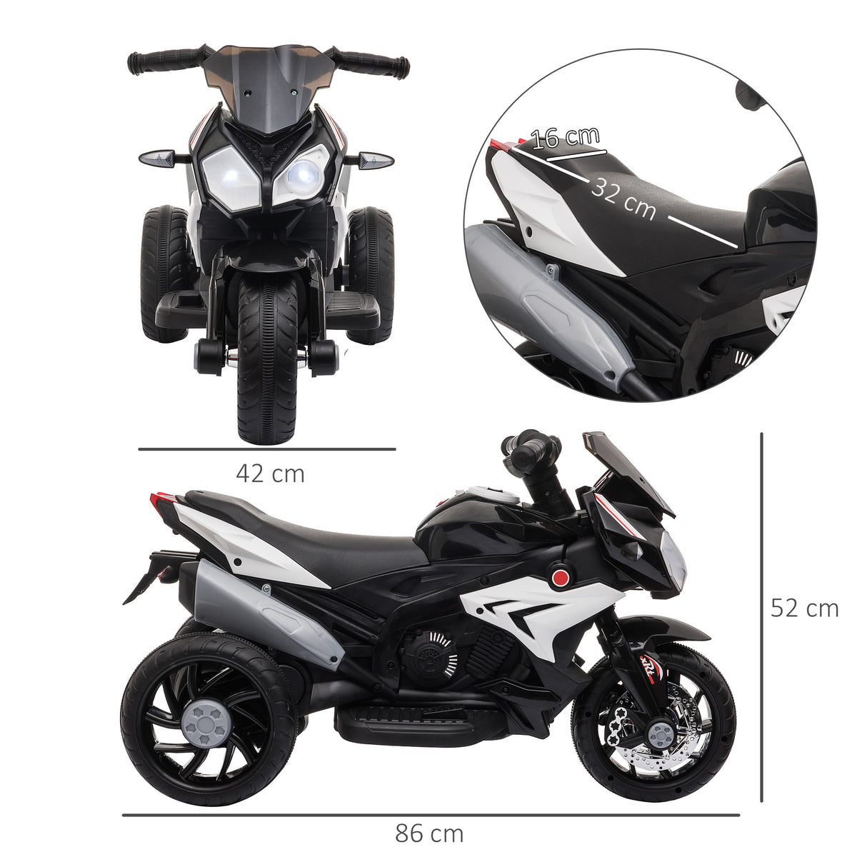 HOMCOM Elektrisches Motorrad für Kinder 3 Jahre 3 Räder 6 V 3 km/h Licht- und Soundeffekte Schwarz