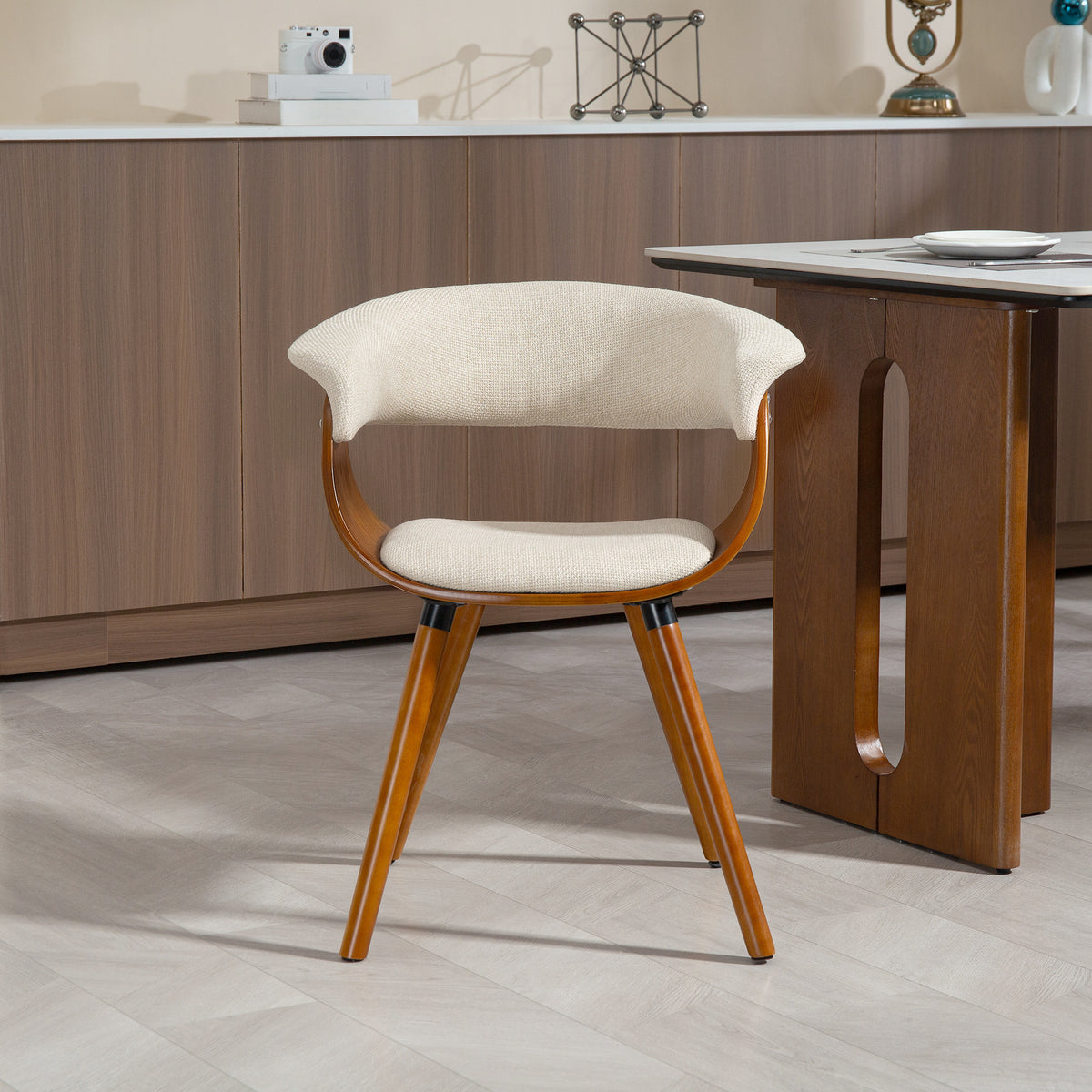 HOMCOM Esszimmerstuhl, Stoff in Leinenoptik, gebogene Rückenlehne, Holzbeine, Beige