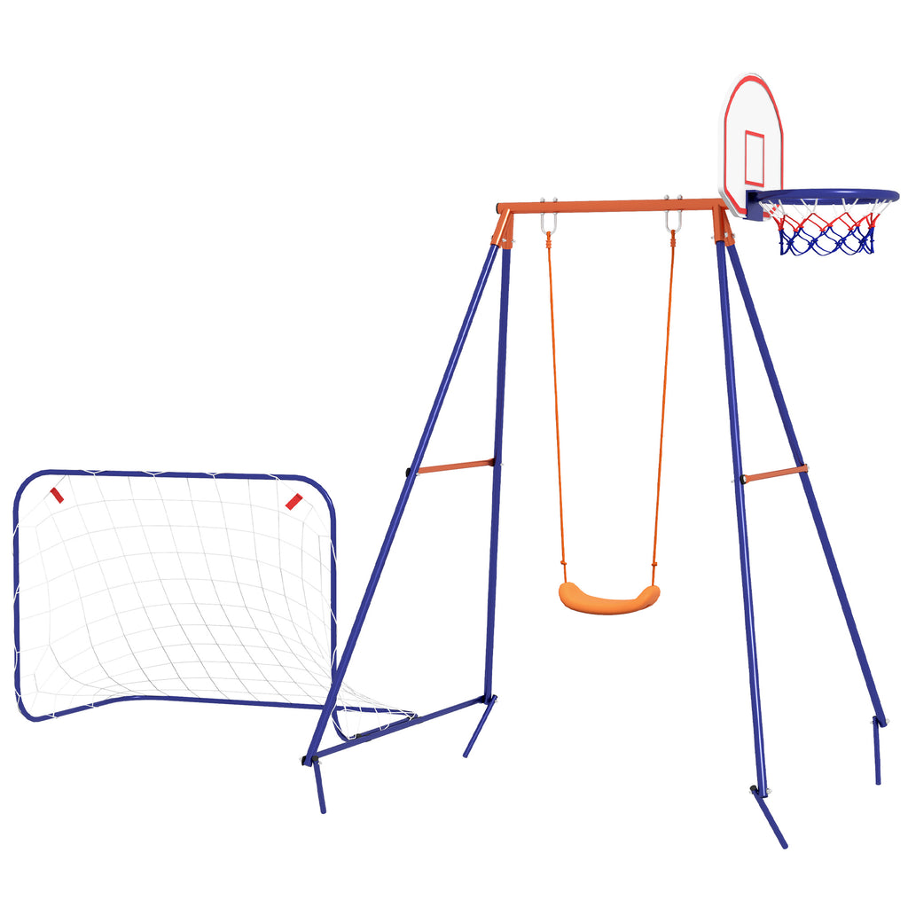 Outsunny Kinderschaukel-Set, Fußballtor, Basketballkorb, für 3 bis 8 Jahre, Stahlgestell