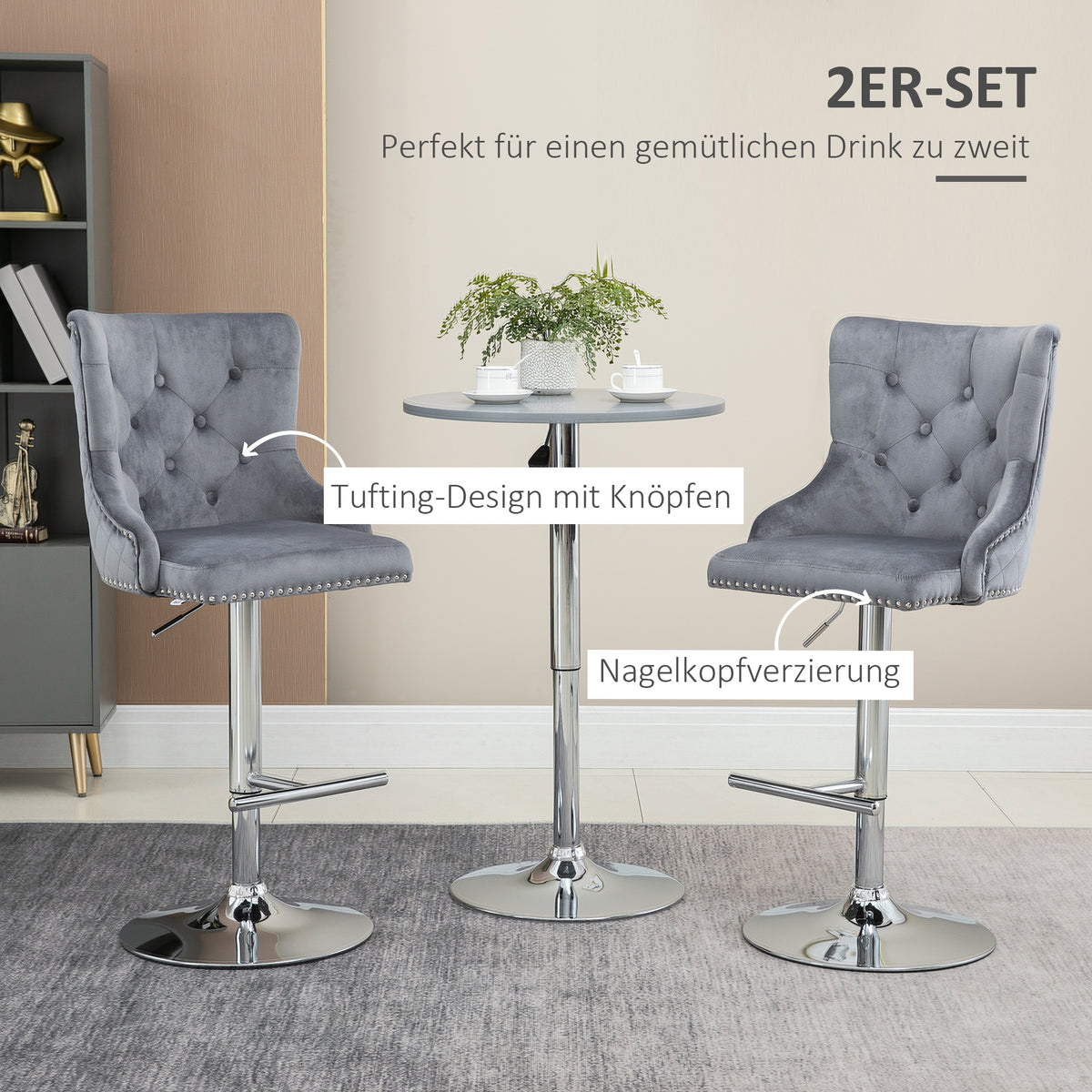 HOMCOM Barhocker, Sitzhocker, 2er-Set, höhenverstellbar, drehbarer Sitz, Fußstütze, Stahl, grau, 46 x 55 x 123cm