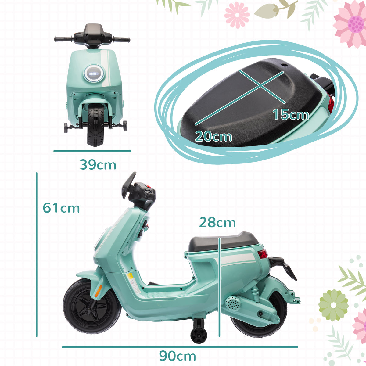 AIYAPLAY 6V Elektro-Motorrad für Kinder, mit Scheinwerfer und Musik, Vor- und Rückwärtsgang, Trainingsräder, 18-36 Monate, Grün