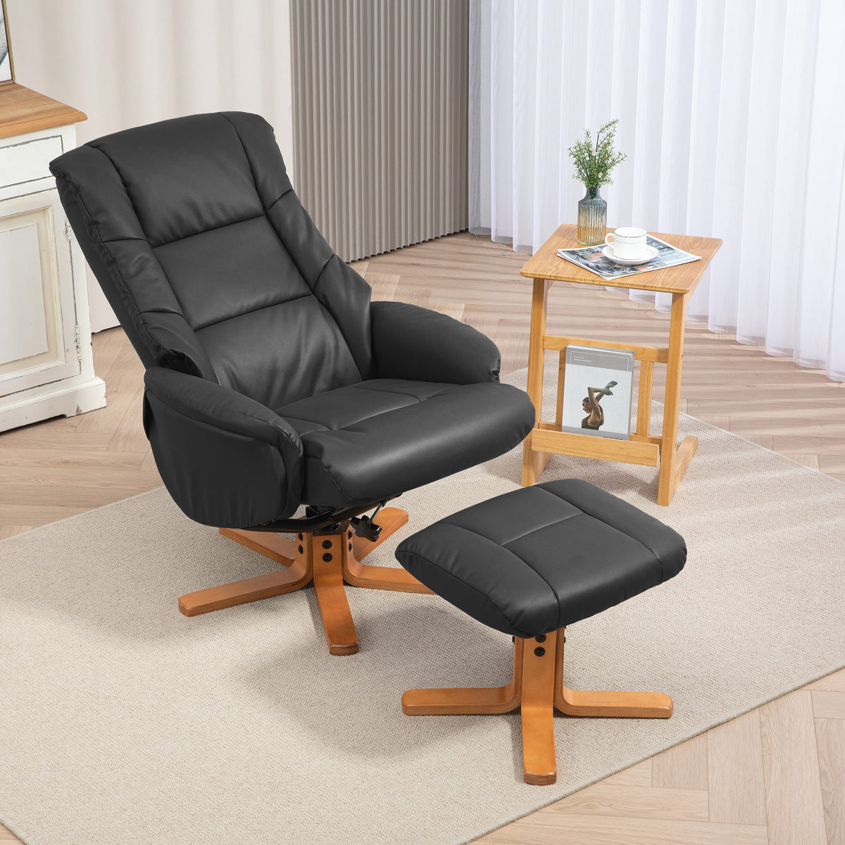 HOMCOM Relaxsessel mit Hocker, Liegefunktion, Kunstlederbezug, bis 150 kg, 71 x 84 x 102 cm, Schwarz