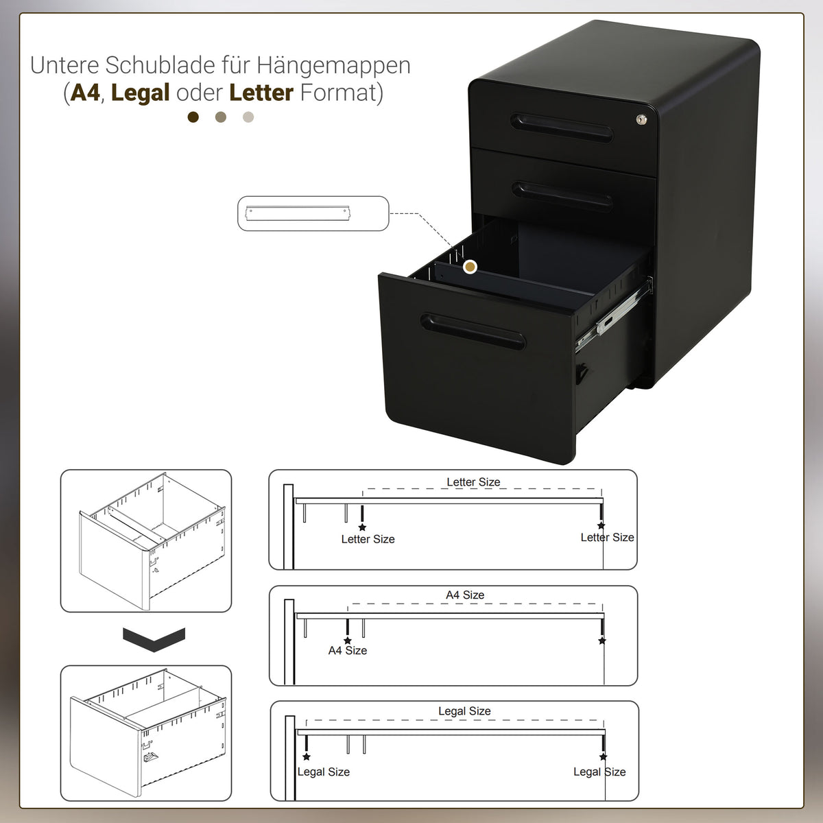 Vinsetto Rollcontainer, mobiler Aktenschrank mit 3 Schubladen, abschließbarer Büroschrank mit Hängeregistratur, Aufbewahrung, Stahl, 39 x 48 x 59 cm Schwarz