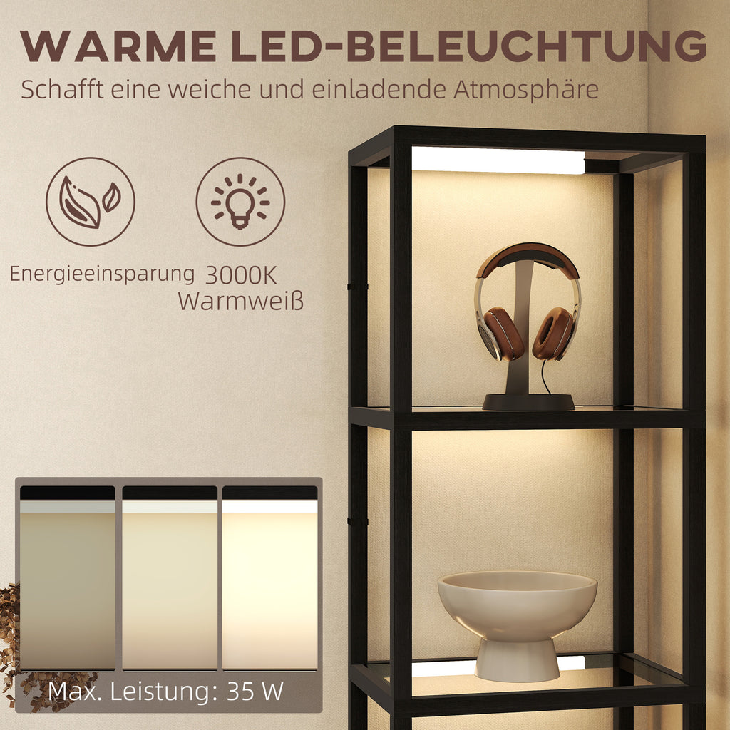 HOMCOM LED-Stehlampe mit 4-stufigem Regal, Leuchtregal mit 4 Glasfächern, Fußschalter, MDF, Schwarz