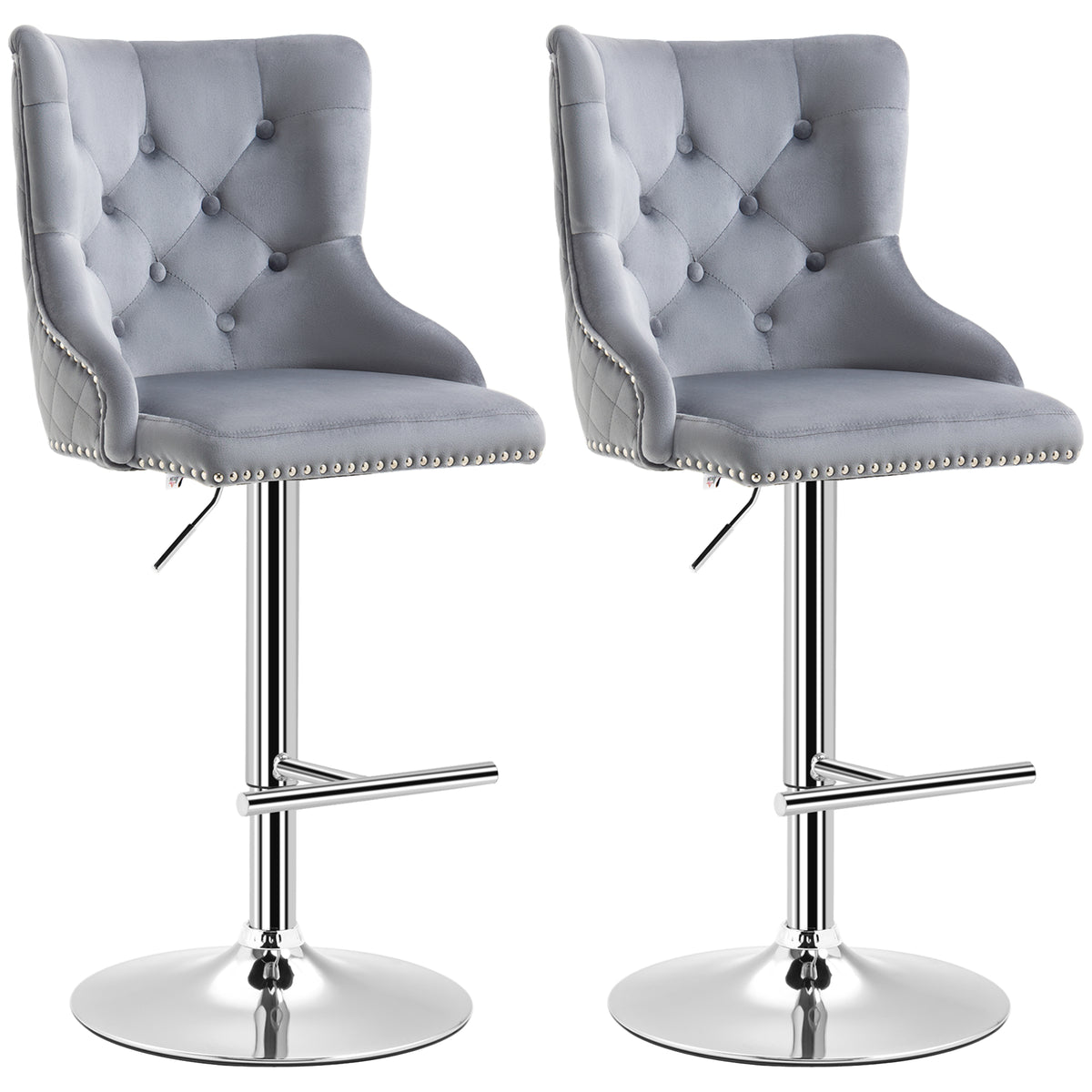 HOMCOM Barhocker, Sitzhocker, 2er-Set, höhenverstellbar, drehbarer Sitz, Fußstütze, Stahl, grau, 46 x 55 x 123cm