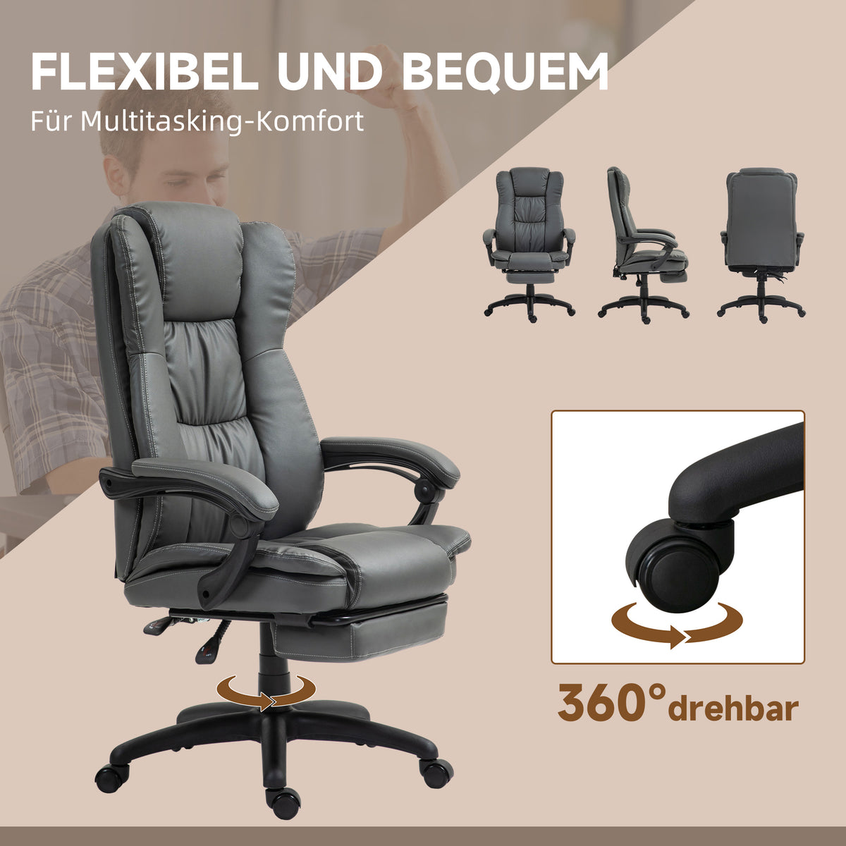 Vinsetto Verstellbarer Drehstuhl mit Fußstütze, Kopfstütze, Massagefunktion, Kunstleder, 68,5x68,5x113-121cm, Dunkelgrau