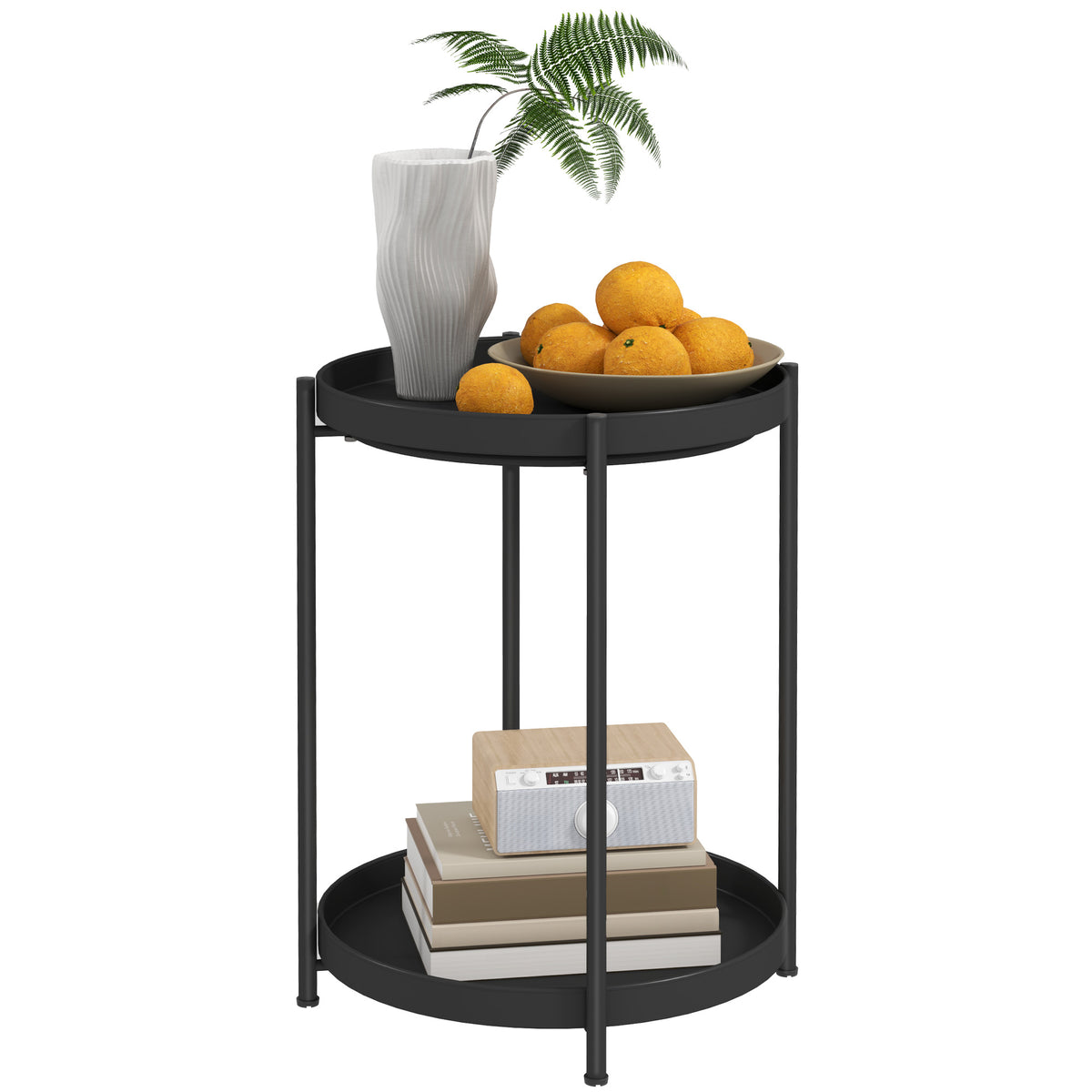 HOMCOM Runder Beistelltisch mit Regalboden, 2-stufiger Kaffeetisch für Wohnzimmer, Schlafzimmer, kleine Räume, Metall, Schwarz