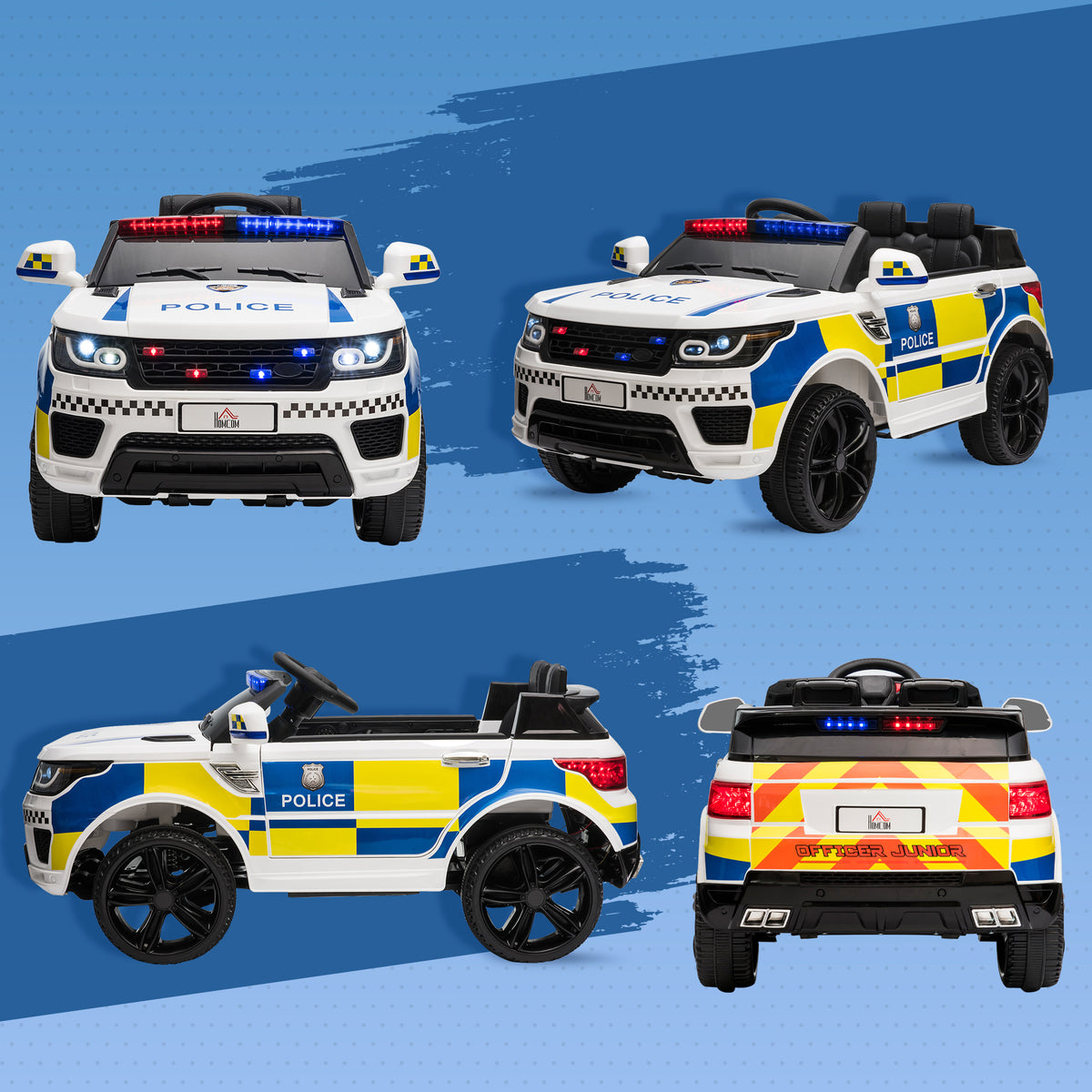 HOMCOM Elektroauto für Kinder im Polizei Design, 12V Batterie und Fernbedienung, Sirene Lichter USB Anschluss für Musik, 110x68x52cm, Weiß