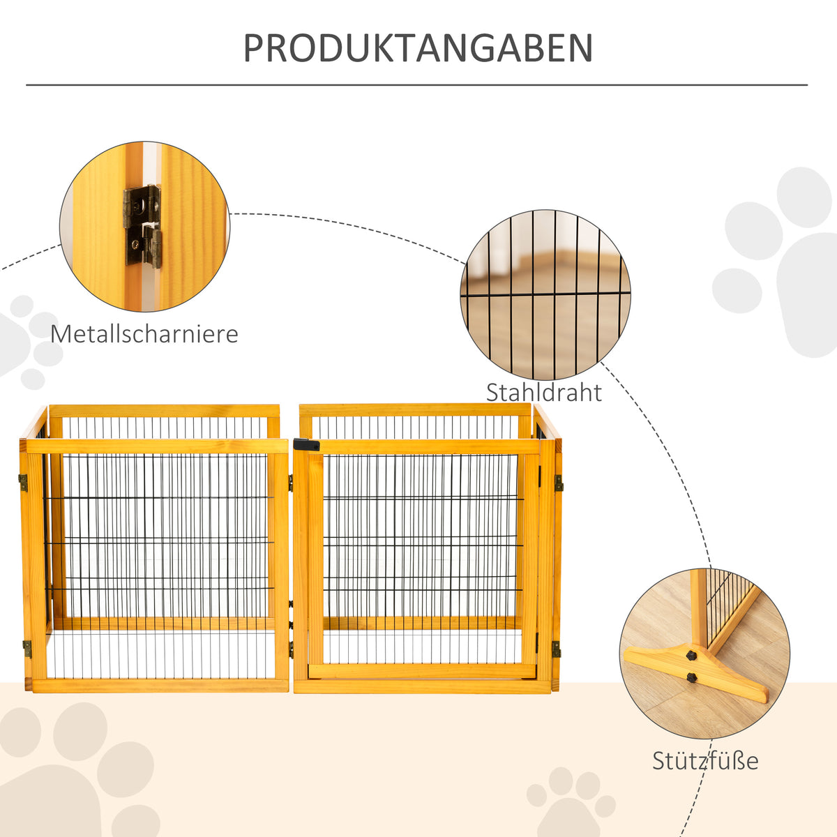 PawHut Absperrgitter für Hunde, klappbar, 432 x 36 x 70 cm, Kiefernholz, Gelb
