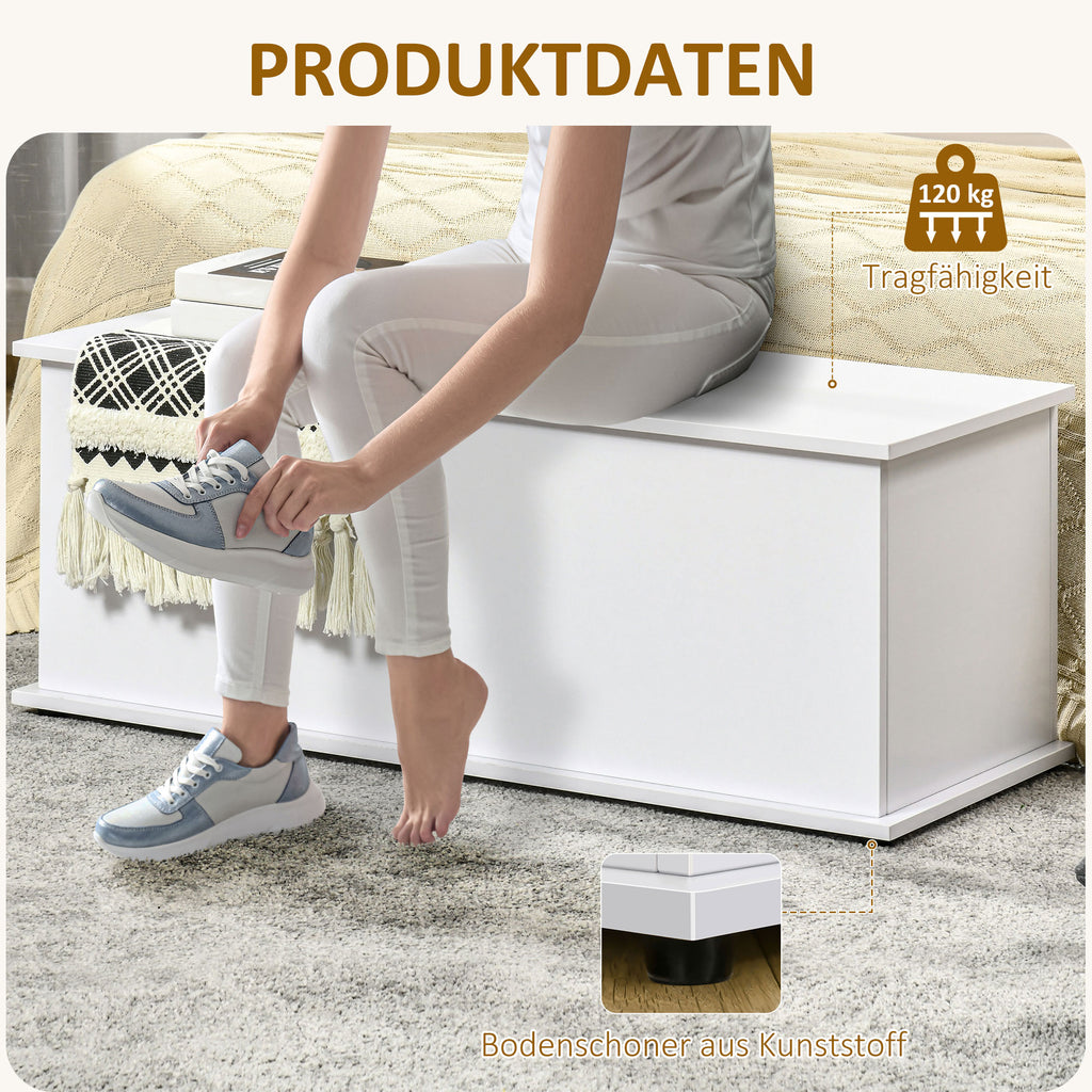 HOMCOM Truhe Aufbewahrungsbox Sitztruhe mit Stauraum Sicherheitsscharniere Holzkiste mit klappbarem Deckel für Wohnzimmer, Schlafzimmer, Spanplatte Weiß 100 x 40 x 40cm