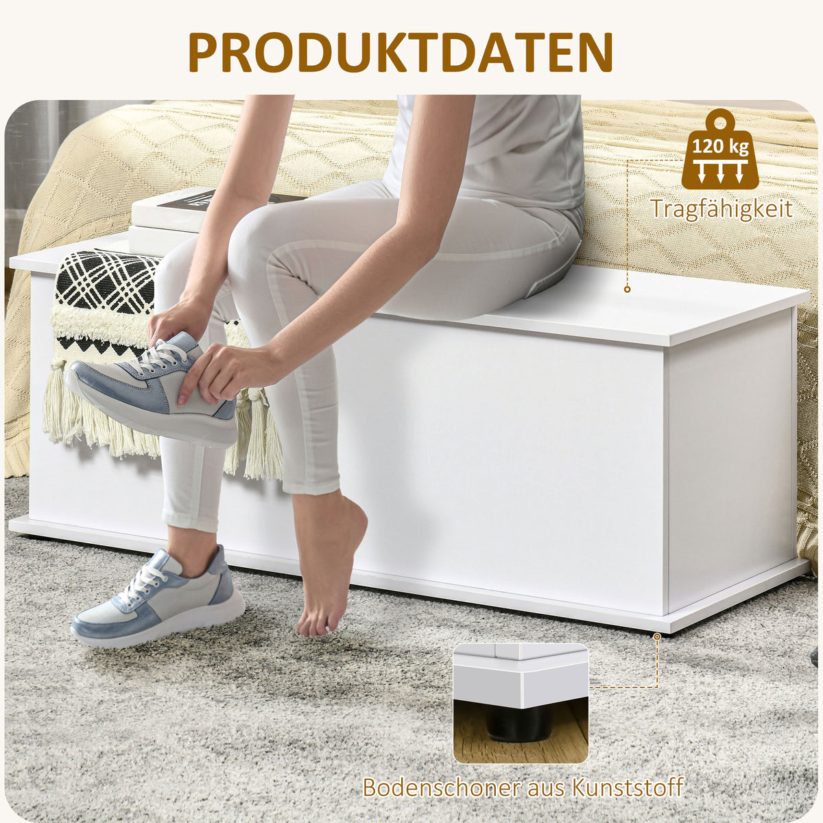 HOMCOM Truhe Aufbewahrungsbox Sitztruhe mit Stauraum Sicherheitsscharniere Holzkiste mit klappbarem Deckel für Wohnzimmer, Schlafzimmer, Spanplatte Weiß 100 x 40 x 40cm