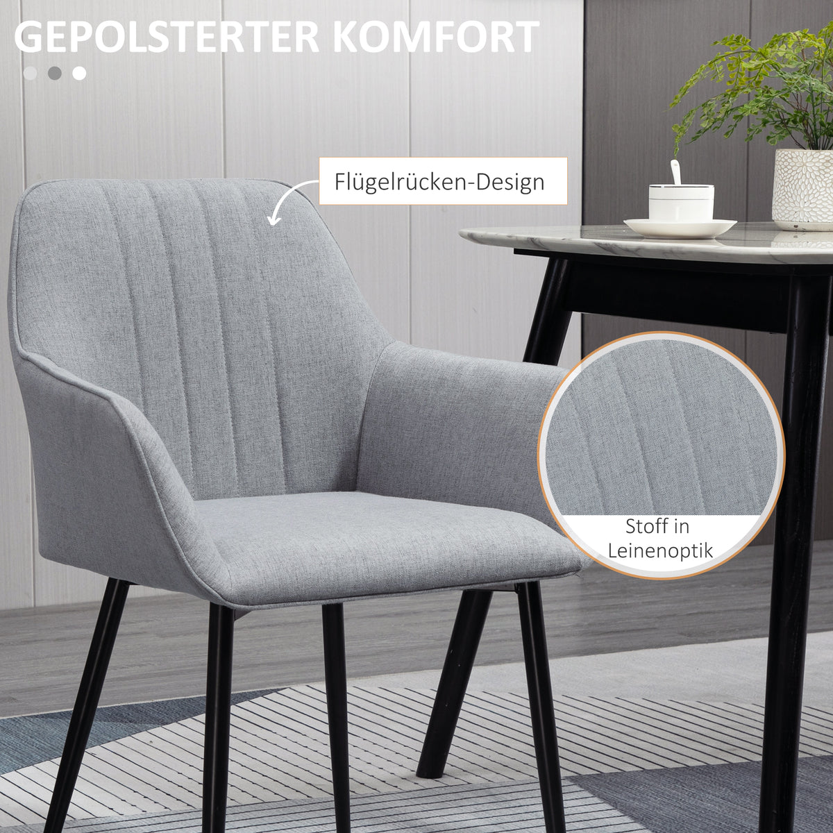 HOMCOM 2er Set Esszimmerstühle Essstühle Polsterstuhl mit atmungsaktivem Leinenbezug Wohnzimmerstuhl Sessel Küchenstuhl mit Rückenlehne Armlehne Leinen Hellgrau 59,5 x 56,5 x 81 cm