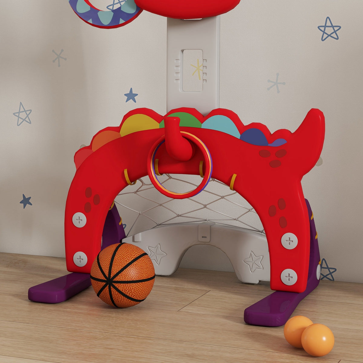 AIYAPLAY Kinder-Basketballkorb, höhenverstellbar, 5-in-1 Ballwurf, Golf, Fußball Lassospiel, 3-6 Jahre
