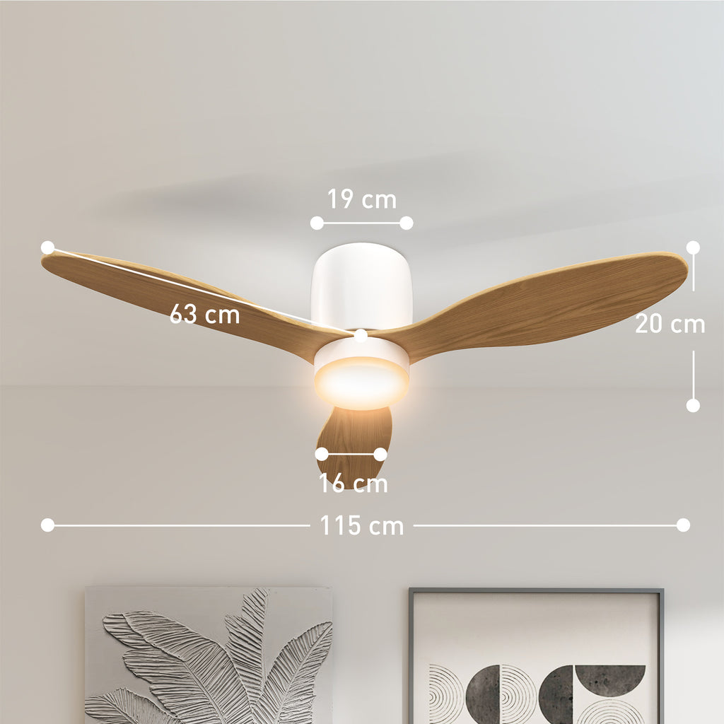 HOMCOM Deckenventilator mit einstellbarem Licht und Fernbedienung 115 cm, 3 Farben, 3 Flügel, 6 Geschwindigkeiten, Timer, Natur