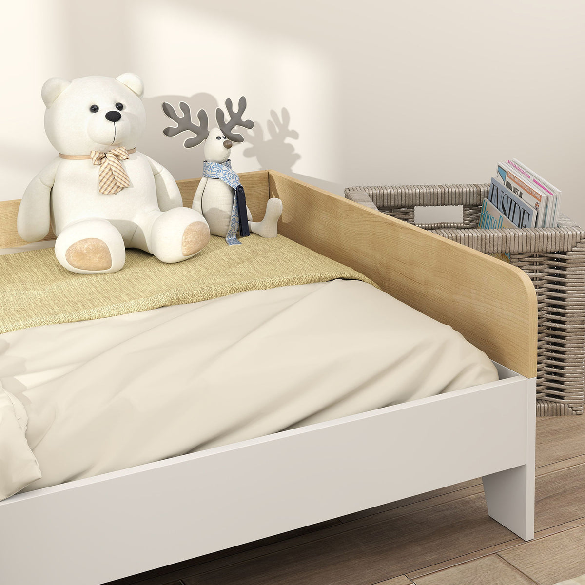 AIYAPLAY Kinderbett Bett mit Lattenrost mit hohen Seitenteilen niedriges Design aus Holz 143,5 x 74 x 40 cm Weiß