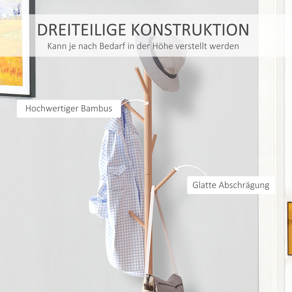 HOMCOM Garderobenständer Kleiderhaken Garderobe mit Sitzbank Stauraum Baum-Design Zweige 6 Haken Bambus Weiß Natur 40 x 30 x 180 cm