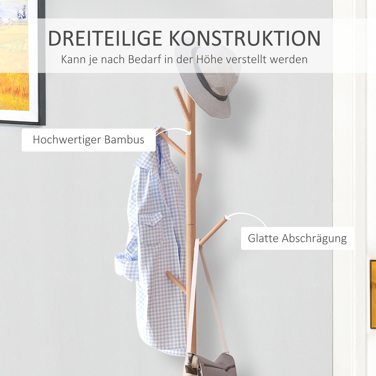 HOMCOM Garderobenständer Kleiderhaken Garderobe mit Sitzbank Stauraum Baum-Design Zweige 6 Haken Bambus Weiß Natur 40 x 30 x 180 cm