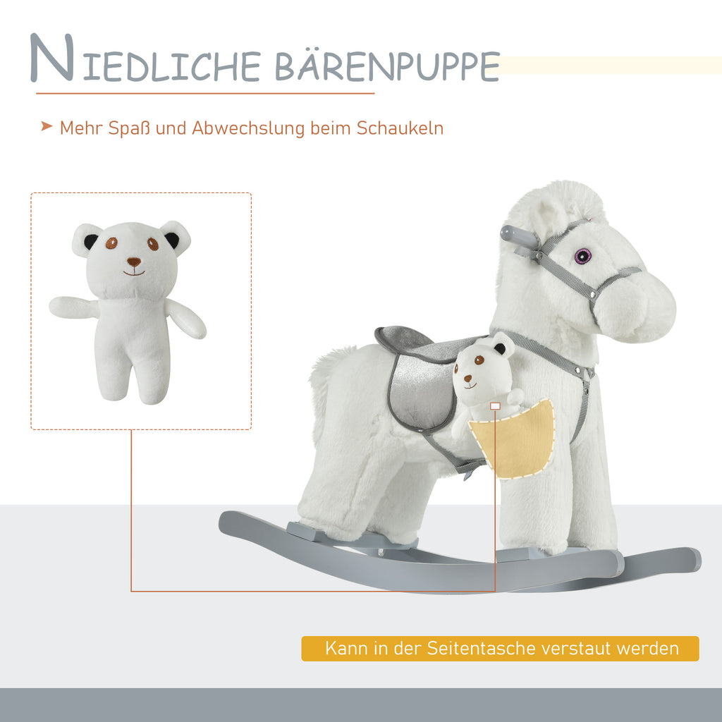 HOMCOM Kinder Schaukelpferd Baby Schaukeltier mit Tiergeräusche Spielzeug Haltegriffe für 18-36 Monate Plüsch Weiß 65 x 26 x 55 cm