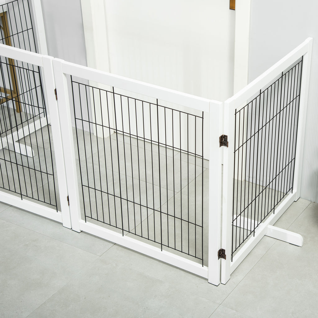 PawHut Türschutzgitter Holz Absperrgitter für Hunde Schutzgitter Hundegitter Sicherheitstür Bidirektionales Falten Stahl Weiß 305 x 35,5 x 82 cm