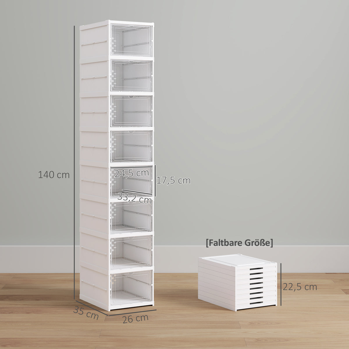 HOMCOM 8-stufiges Schuhregal, Schuhschrank, faltbar, belüftete Rückseite, Kunststoff, Weiß