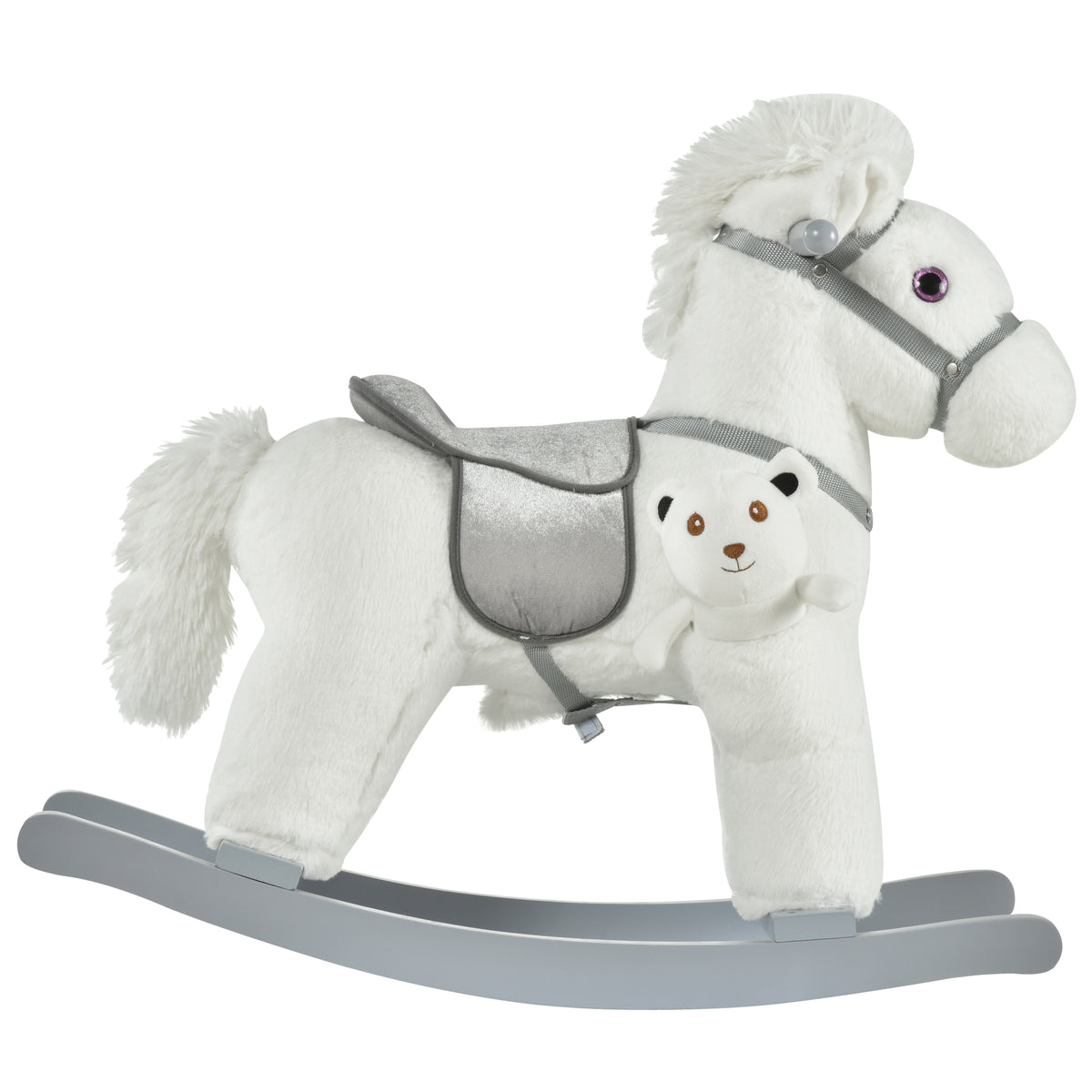 HOMCOM Kinder Schaukelpferd Baby Schaukeltier mit Tiergeräusche Spielzeug Haltegriffe für 18-36 Monate Plüsch Weiß 65 x 26 x 55 cm