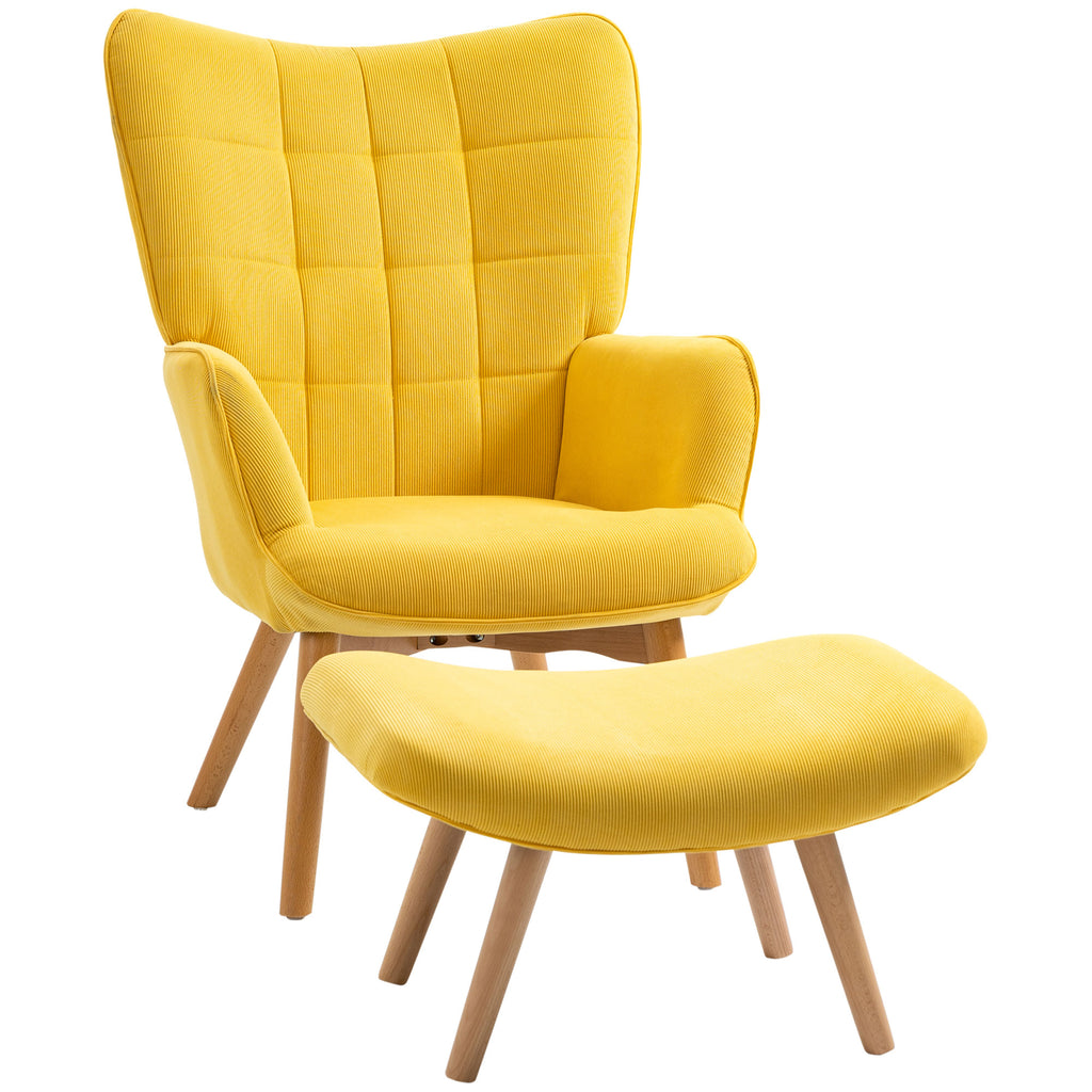 HOMCOM Akzentsessel mit Hocker, Relaxsessel in Cord-Optik, Armlehnstuhl mit Holzbeinen, für Wohnzimmer, Gelb